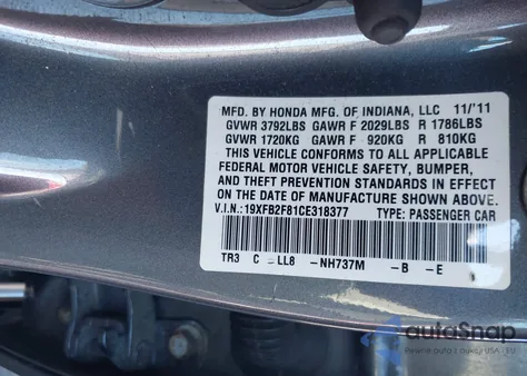 2012 Honda Civic Ex from USA, damaged, VIN 19XFB2F81CE318377